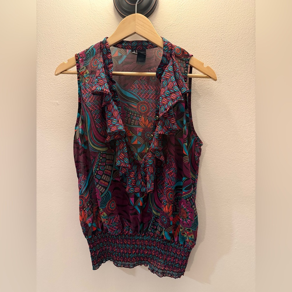 Bisou Bisou Michele‎ Foiret Women's Sleeveless Ruffle Blouse XL Geometric Print